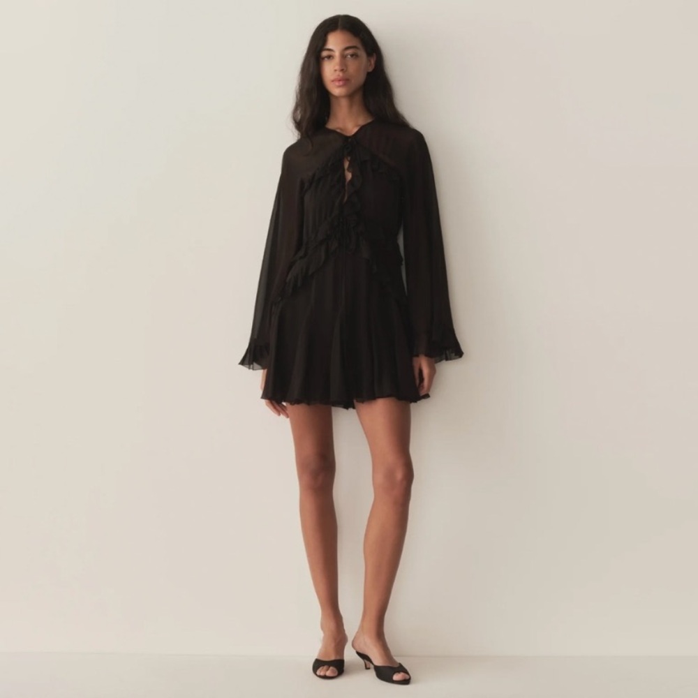 NWT Doen Clarisse Silk Ruffle Flowy Sheer Long Sleeve Mini Dress Black - Picture 2 of 15